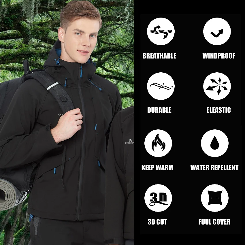 QUESHARK Men Fleece Thermal Softshell Long Sleeve Cycling Jacket Windproof Waterproof MTB Road Bike Windbreaker Bicycle Jersey