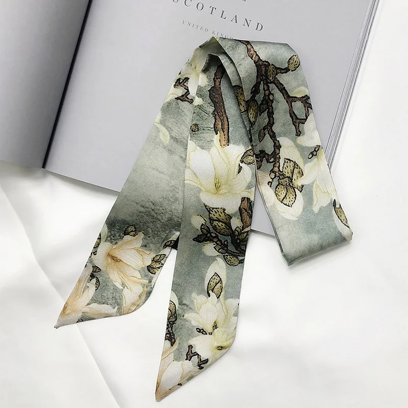 Fashion Luxury Brand Skinny Twill Silk Women Bag Scarf Van Gogh Oil Painting Starry Sky Small Ribbon Head Hair Handle Scarf