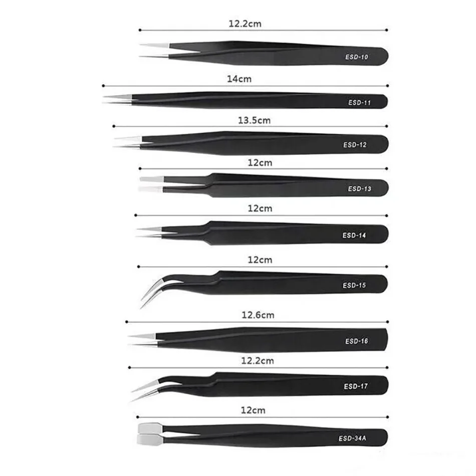 9Pcs ESD Anti-static Stainless Steel Tweezers set Maintenance  Industrial Precision Curved Straight Tweezers Repair Tools