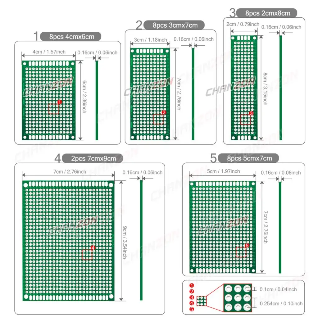 34 Pcs ( 2X8 3X7 4X6 5X7 7x9 cm ) Double Sided Printed Universal Circuit PCB Board Tinned Prototype Kit FR4 Perfboard Assortment