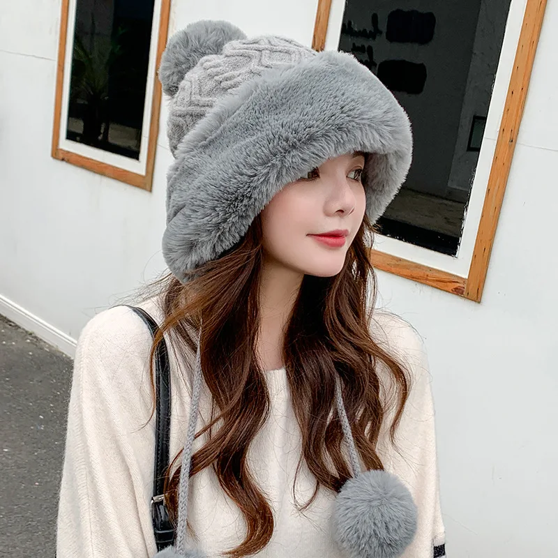 Fashion Faux Fur Knitted Bobble Beanie Hat Cute Pom Pom Ball Cossack Skiing Furry Cap Winter Thicken Warm Knitted Cap Cold-proof