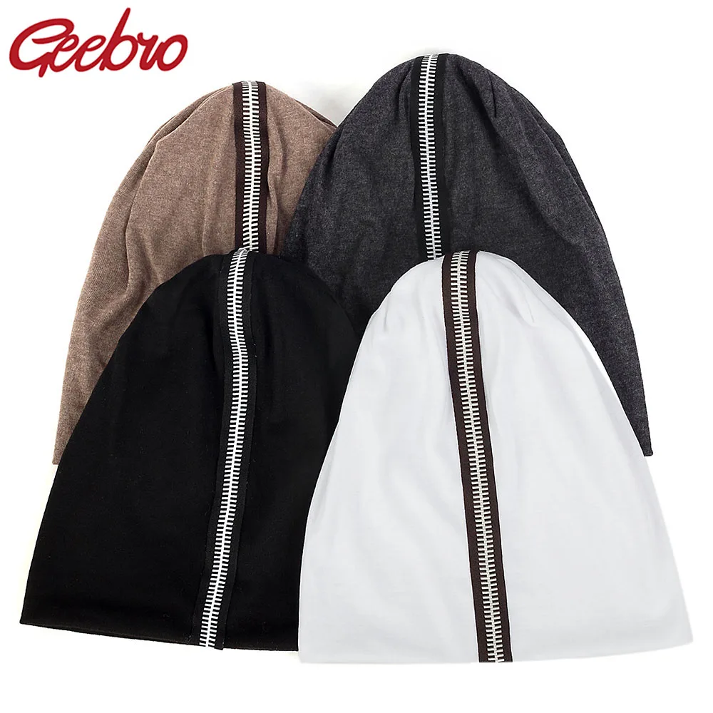 

Geebro Women Cotton Soft Comfortable Beanies Casual Novelty Slouchy Zipper Stripe Hats Autumn Solid Color Skullies Cap Bonnet