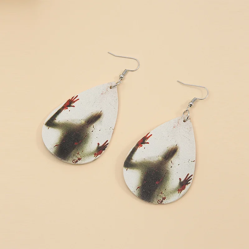 European and American New Halloween Horror Ghost Leather Earrings Thriller Bloodstained Palm Water Drops Pu Jewelry Wholesale