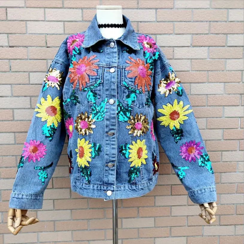 

Embroidery denim jacket spring sequined beading Sun flowers water wash cowboy jacket female long sleeve denim jacket F1271