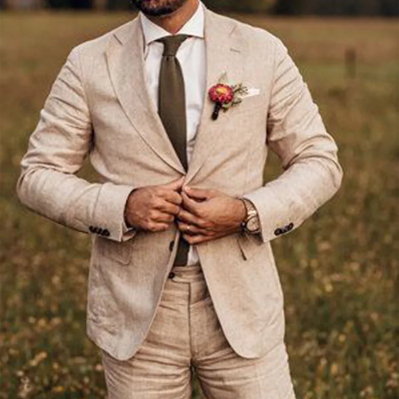 

ANNIEBRITNEY Beige 2 Piece Men Slim Fit Business Linen Summer Suit 2020 Summer Groom Wedding Tuxedo Tailor Made Casual Men Suit