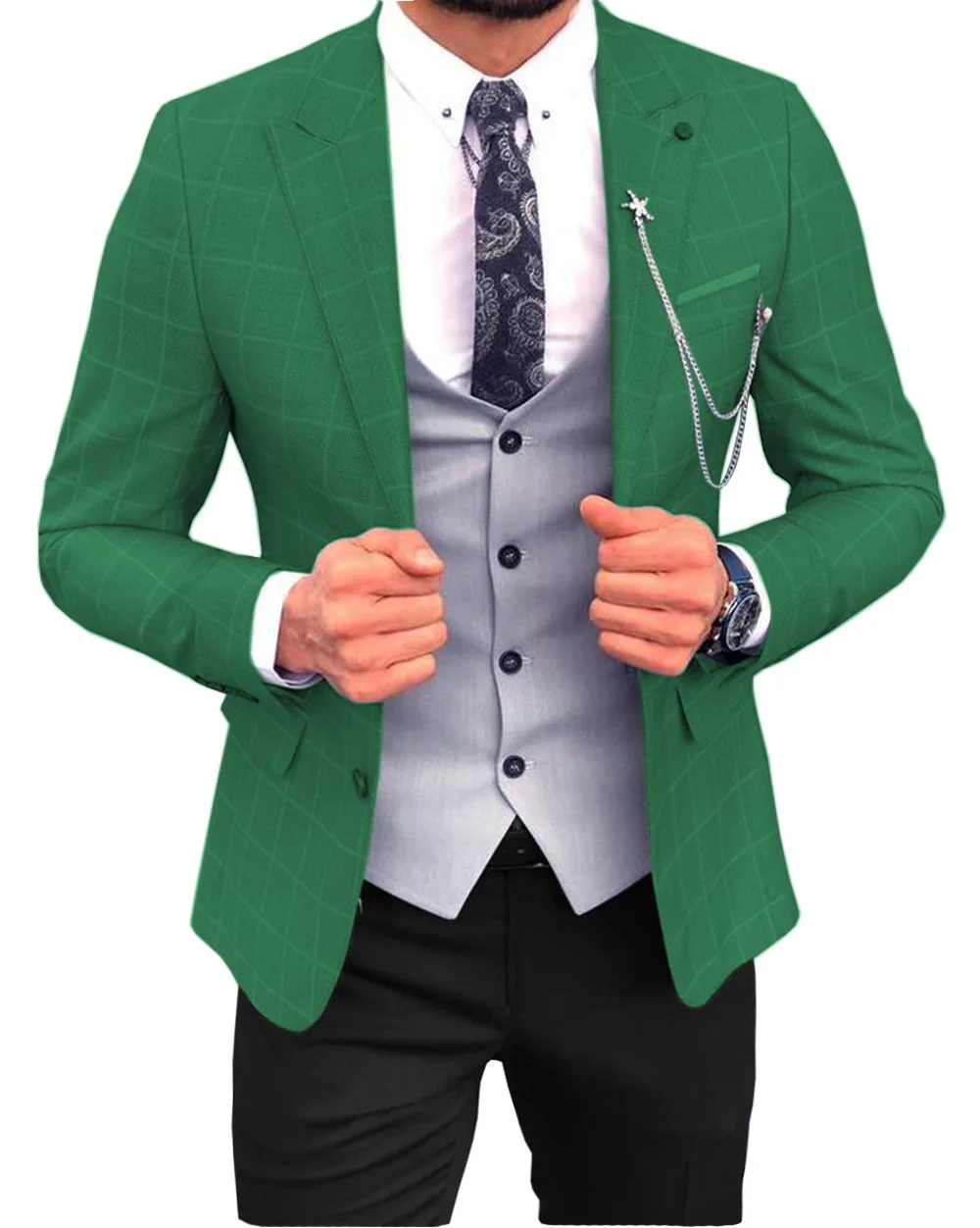 

Men's Jacket Formal Regular Fit Plaid Wool Tweed Prom Beige Tuxedos Solid Business Green For Wedding Grooms (Only Blazer)