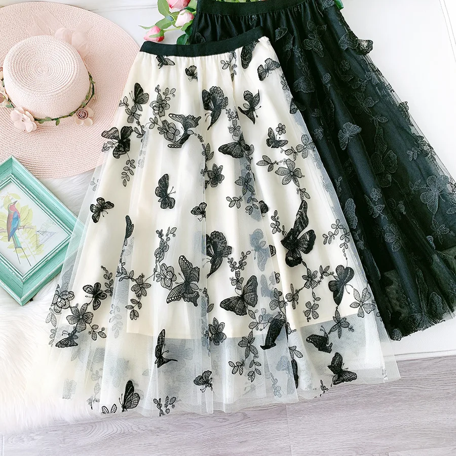 2020 Women Mesh Skirt High Waist A-Line Tutu Skirts Butterfly Embroidered Skirts Womens Sweet Skirts Girl Streetwear Saias Femme