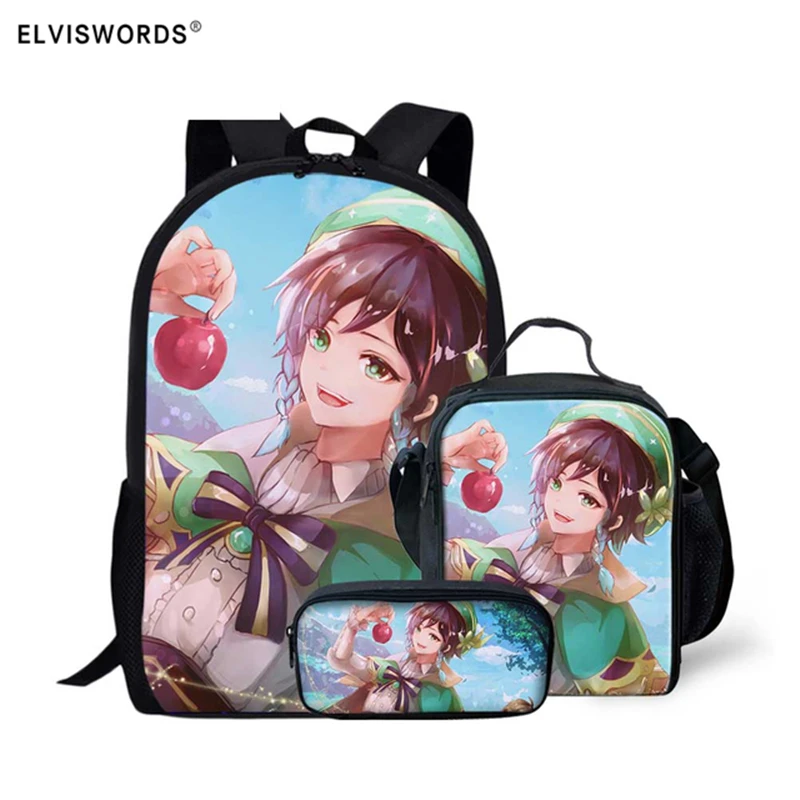 ELVISWORDS Student Backpack Teenager School Bags Set Genshin Anime Printed Schoolbags Boys Girls Rucksack Fashion Mochila Bolsa