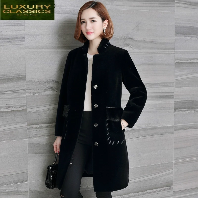 Real Winter Jacket Women Sheep Shearing Fur Coats Female Natural Wool Overcoat Mink Fur Pockets Spring Clothes LWL1381