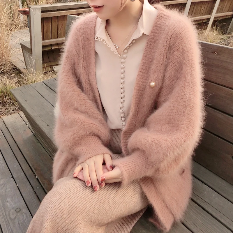 Casaco de cashmere de vison feminino, suéteres soltos, manga batwing, mohair, malha suave, rosa, elegante, alta qualidade, outono, inverno, 2022