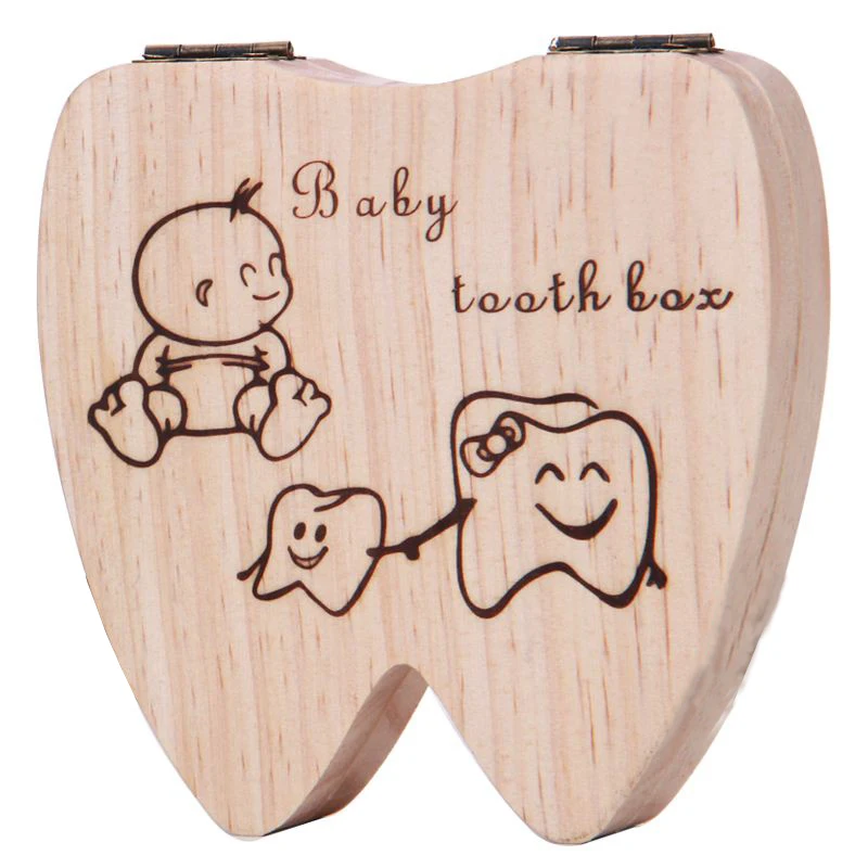 Teeth Shape Wooden Baby Teeth Box Organizer Milk Teeth Storage Collector Kids Teeth Umbilica Lanugo Save Box English / Spanish