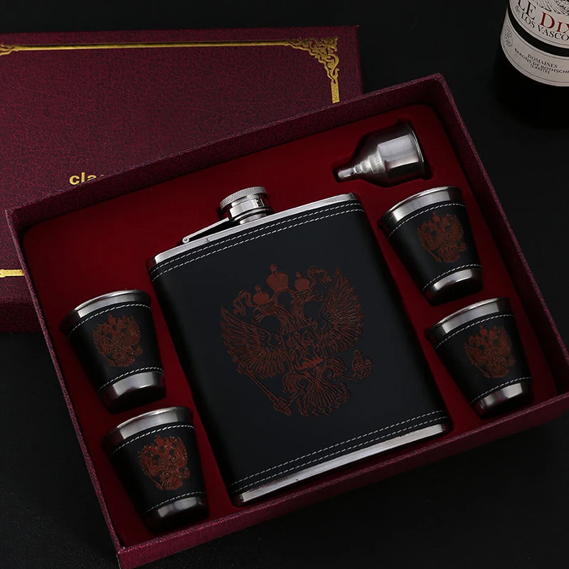 DEOUNY 8/16OZ Russian Hip Flask Set Leather Shell CCCP Gifts Alcohol Flasks Stainless Steel Vodka Whisky Rum Bottle Drinkware