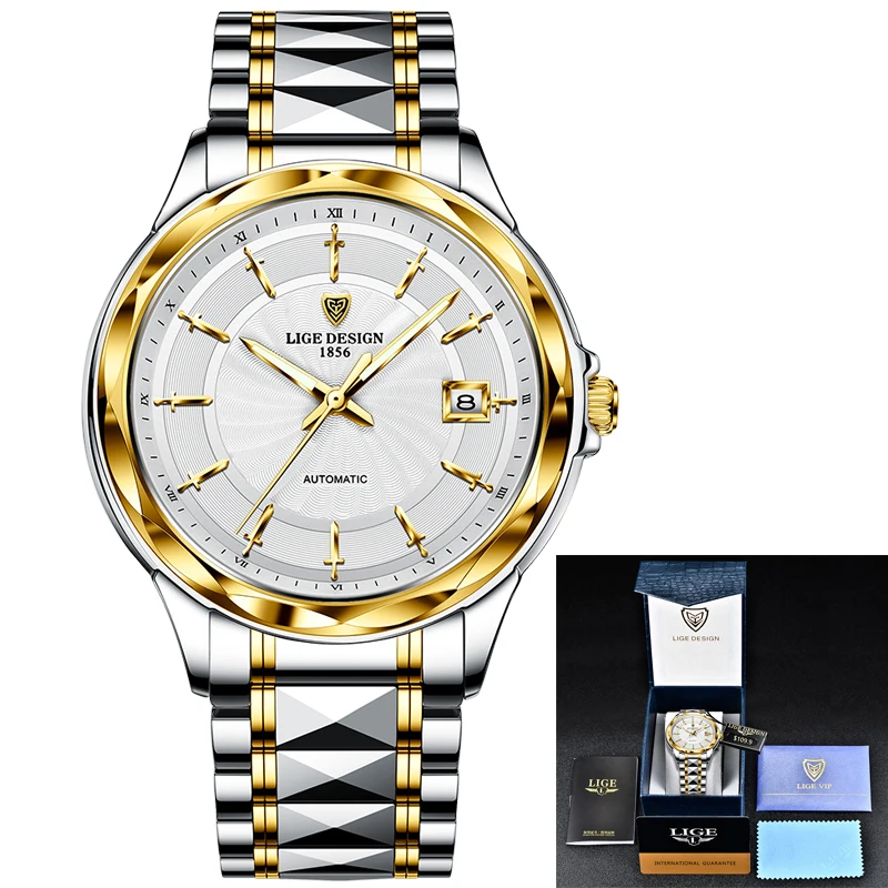 LIGE nuovo orologio meccanico da uomo personalità oro moda acciaio al tungsteno orologio da uomo d\'affari 50M orologio automatico impermeabile uomo