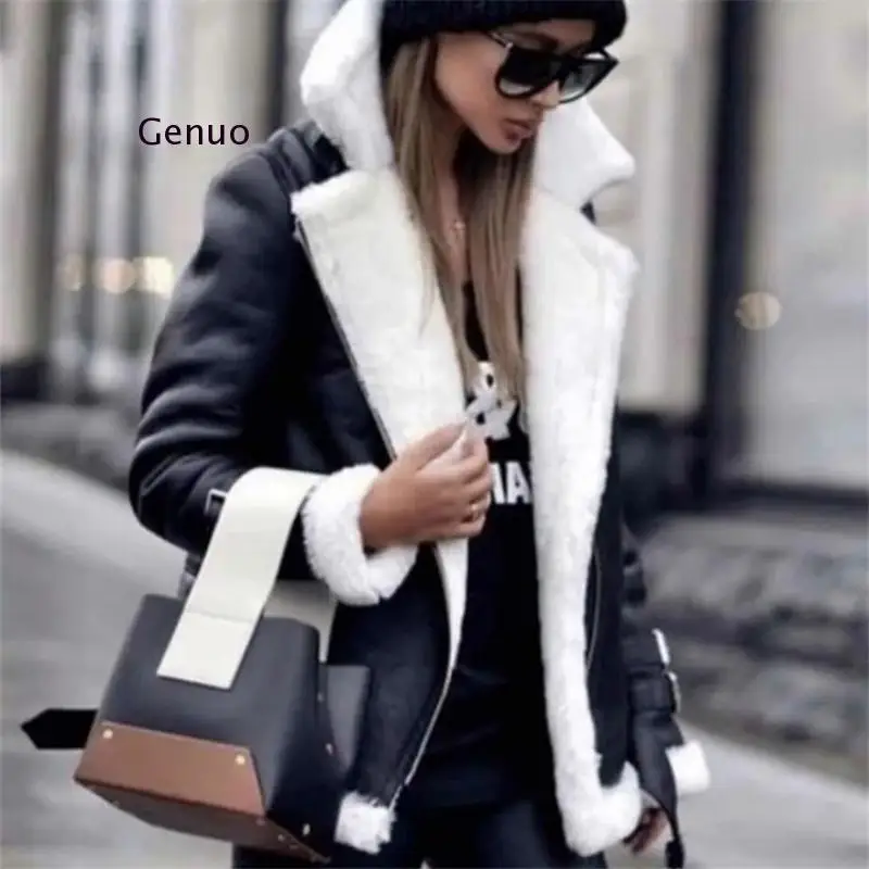 Women's Winter Thicken Warm Jacket Coats Lapel Pu Leather Jackets Long Sleeve Diagonal Zipper Coat Lamb Fur Jacket Outwear