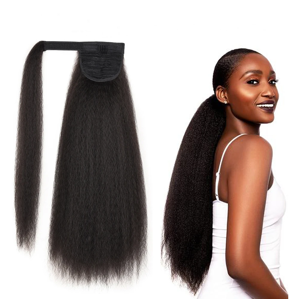 

Afro Kinky Straight Ponytail Yaki Synthetic Hairpiece Wrap on Clip Hair Extensions Brown Pony Tail Natural Color Fack Hair