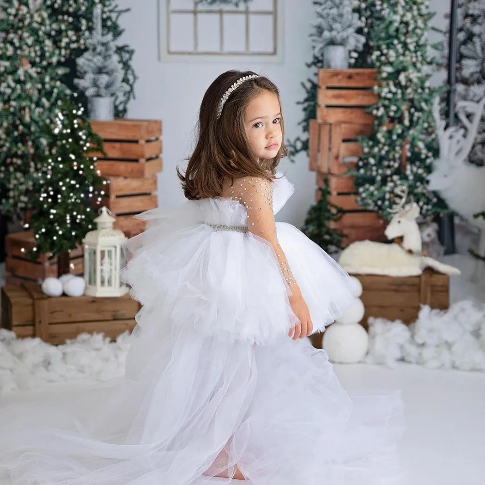 

Crystals Sheer Neck Flower Girl Dresses Ball Gown Little Girl Wedding Dresses Hi-Lo Cheap Communion Pageant Dresses Gowns