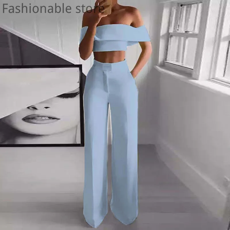 Kobiety Sexy Off Shoulder krótki Top i wysokiej talii spodnie szerokie nogawki lato elegancki jednolity kolor 2 szt. Zestaw