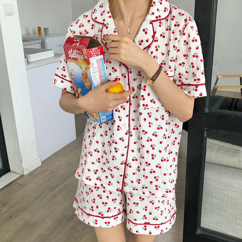 

Summer Cherry Women Home Clothes Print Pajamas Set Mujer 2pcs Notched Floral Cotton Sleepwear Sweet Kawaii Fresh Nightsuit