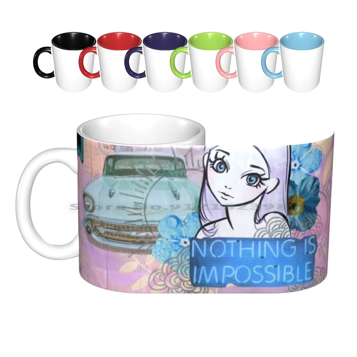 Nothing Is Impossible' Dreamy Pop Art Collage Ceramic Mugs Coffee Cups Milk Tea Mug Collage Girls Womens Portrait Vintage Retro