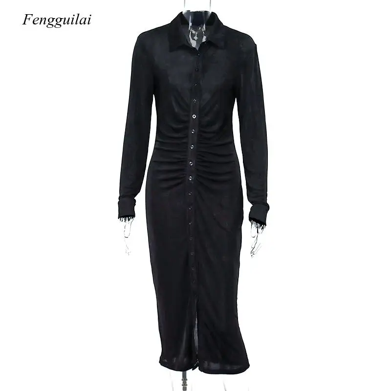 Black Winter Women Turndown Collar Button Long Sleeve Casual Dresses See Through Sexy Dress Street Wear 2021