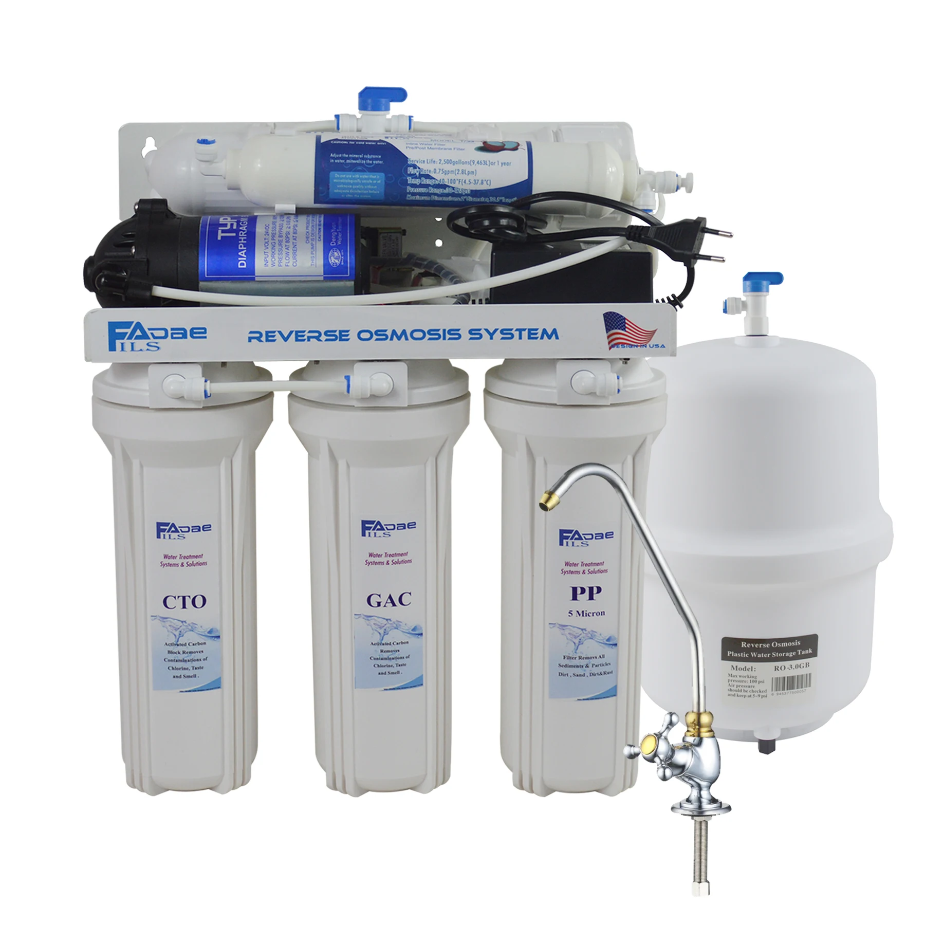 50GPD Under Sink Reverse Osmosis Water Filtration System 5 Stage RO Water Purifier with Faucet&Tank, EU two pin plug, 100 - 240V