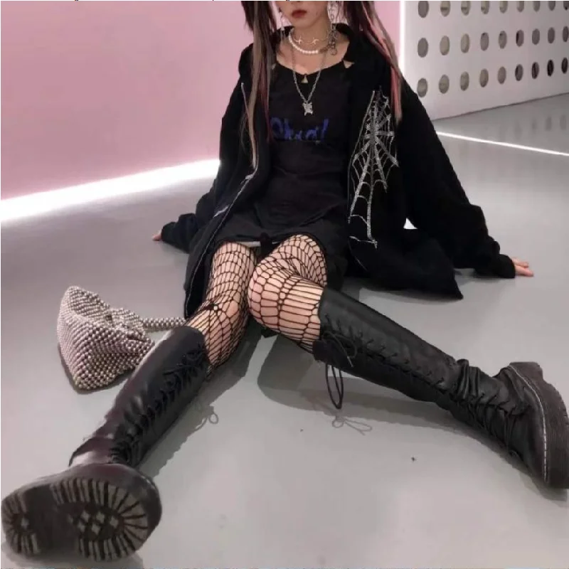 Y2K Gothic Rhinestone Spider Web Zipper Hoodies Women Harajuku Punk Oversized Sweatshirts Autumn Streetwear Loose Hooded Jacket