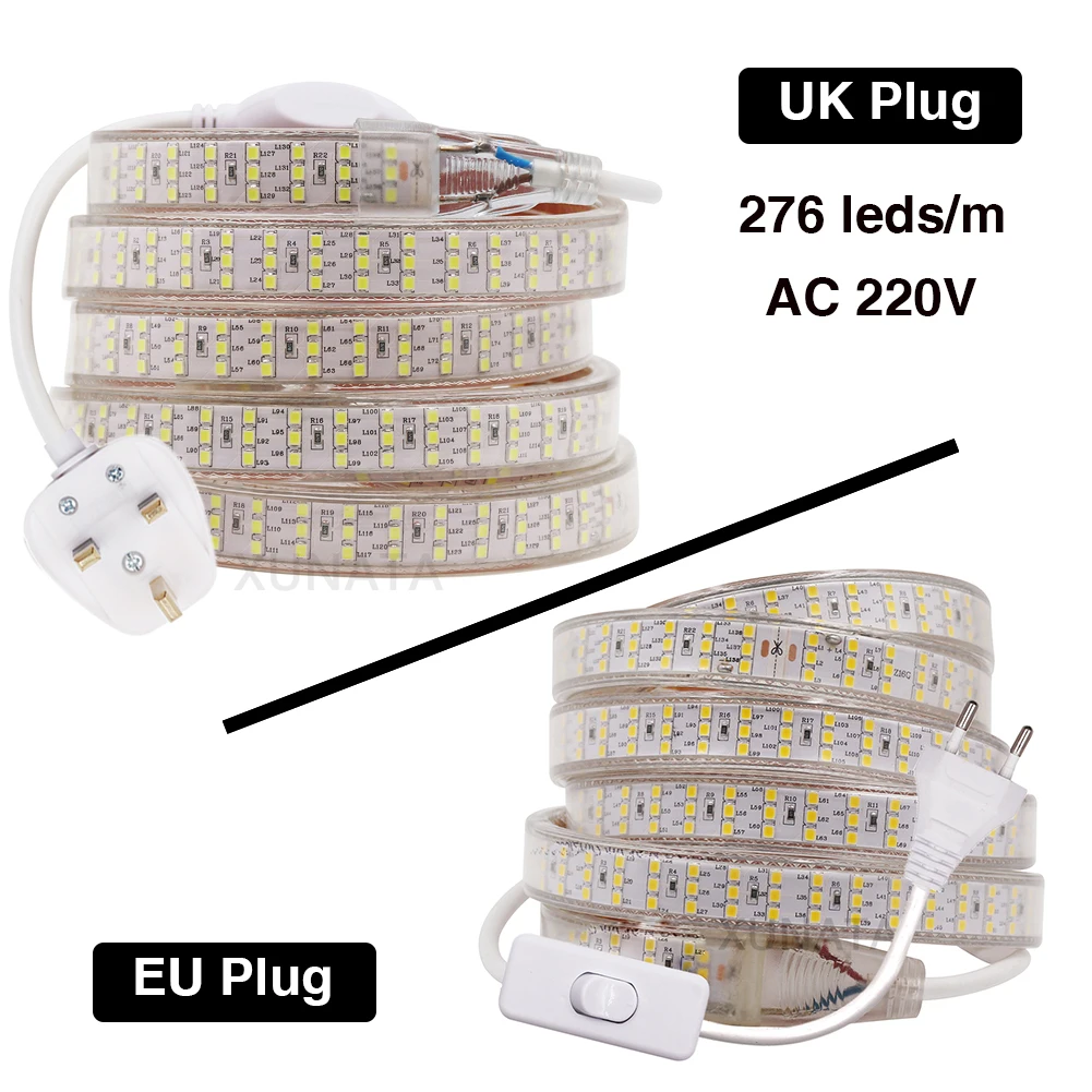 2835 taśma LED 220V 240V EU UK wtyczka wysokiej jakości wodoodporna 276 Led/m trzy rzędy światła LED elastyczna taśma listwa oświetleniowa LED