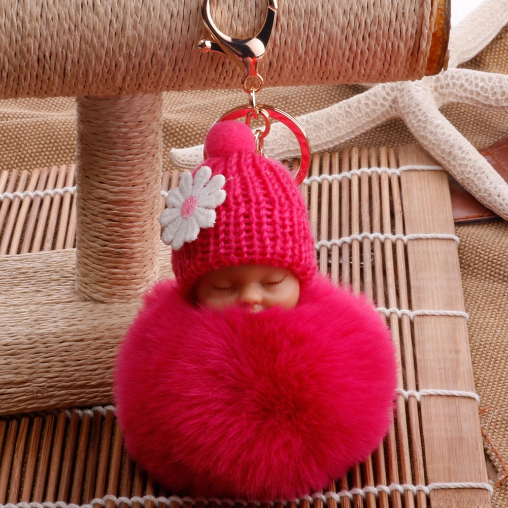 Sleeping Baby Fluffy Pompom Plush Doll Hanging Pendant Key Ring Keychain Birthday Gift Wind Chimes Hanging Ornament Decorations