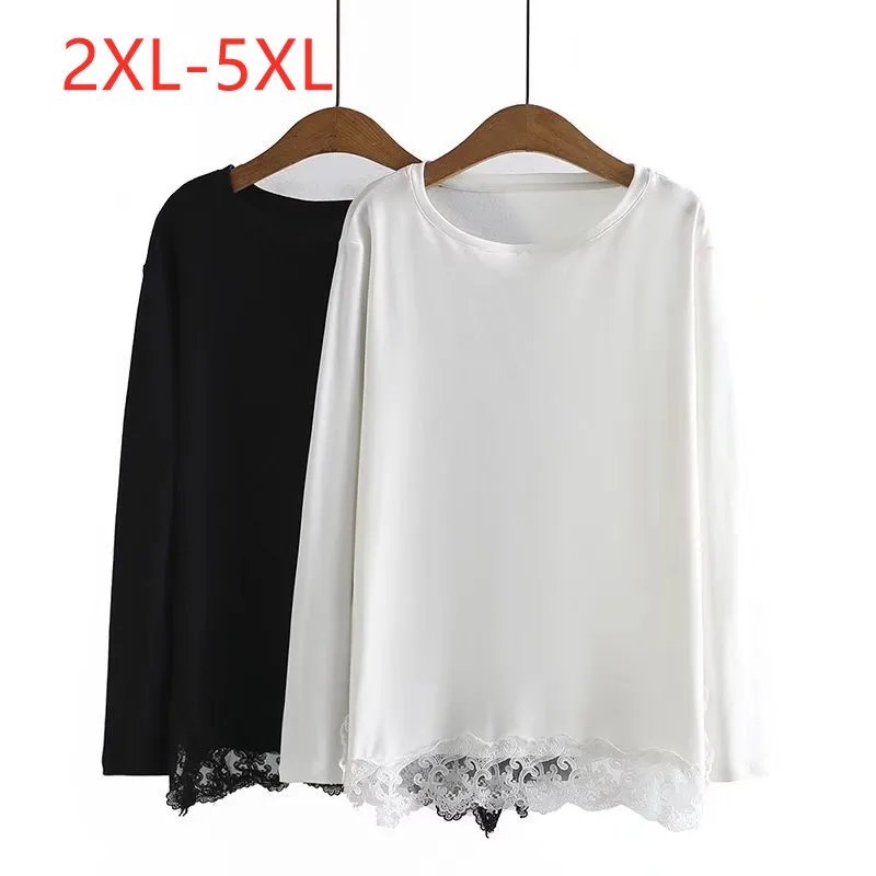 

Large women's autumn new loose round neck with stitched lace Plus Size bottoming shirt