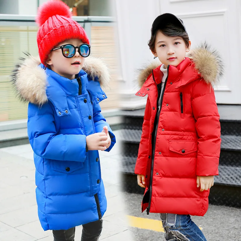 

-30 Russian winter clothing waterproof Nature fur hooded Down coat jacket for girl Teenager boy parka children clothes outwear