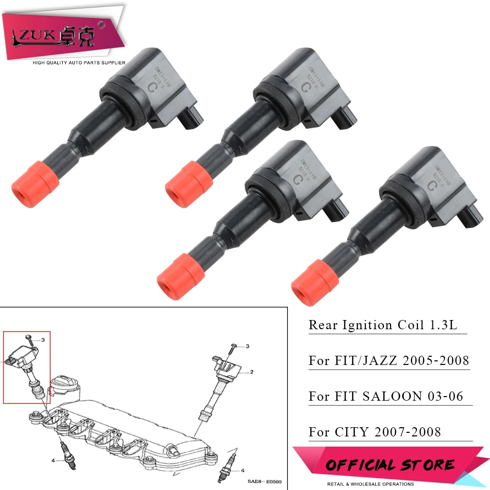 ZUK 4PCS Front Ignition Coil For HONDA FIT JAZZ 2005-2008 GD1 CITY 2007 2008 FIT SALOON 2003 2004 2005 2006 GD6 For 1.3L Cars