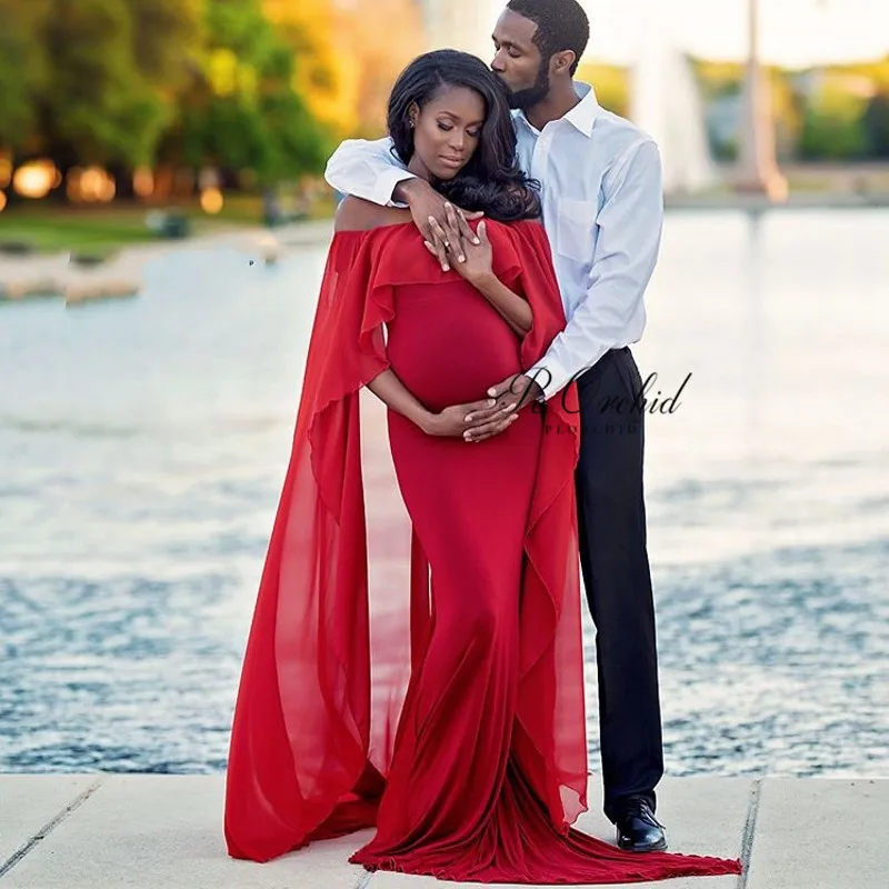 PEORCHID Red African Mermaid Pregnant Prom Dresses Sexy Long Cape Evening Formal Gowns Maternity Dress Shooting Photo 2020