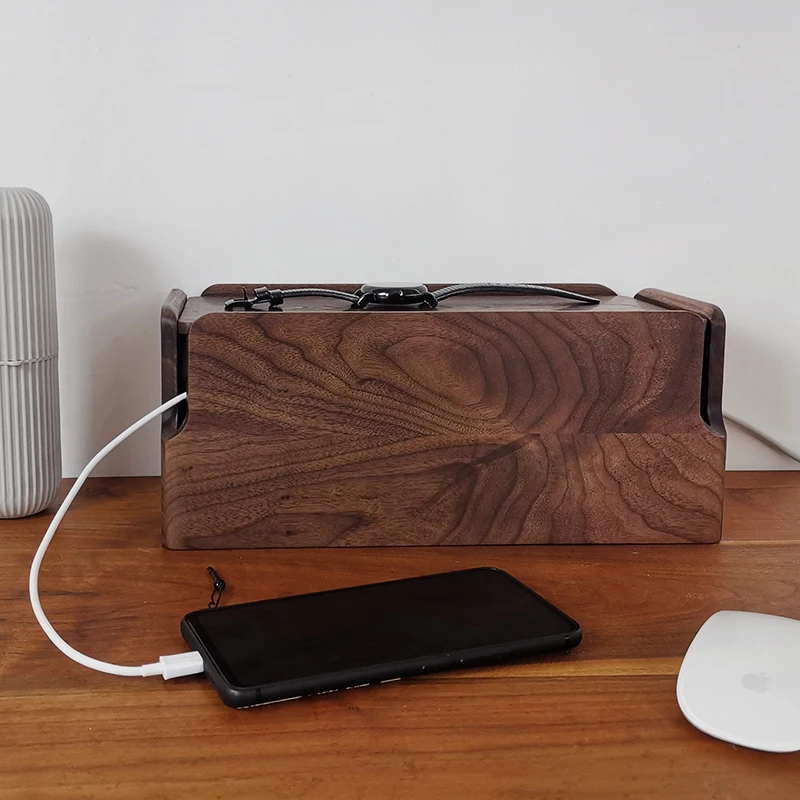 Classic black walnut wooden power socket storage box  keep the desktop tidy data cable wooden  organizer