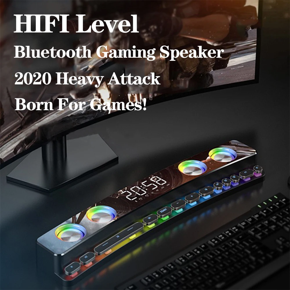 3600mAh Wireless Game Bluetooth Speaker soundbar USB 3D Stereo Subwoofer AUX FM Home Clock Indoor Sound Bar Computer Loudspeake