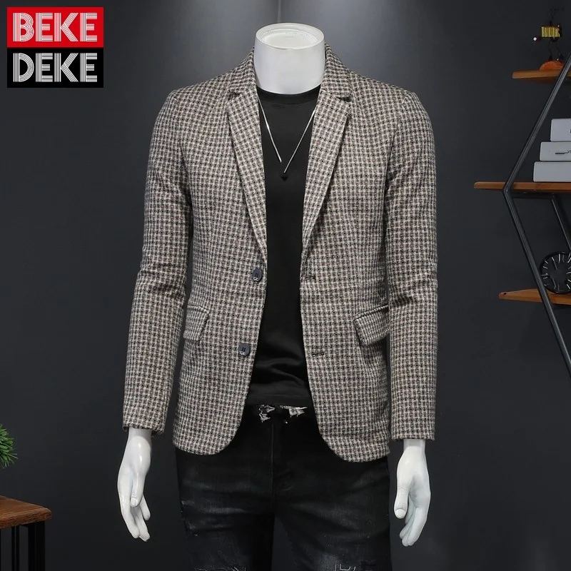 Style British Mens New Plaid Spliced Large Size Slim Casual Suit Jackets Notched Single Breasted Pockets Thin Korean Style Coat