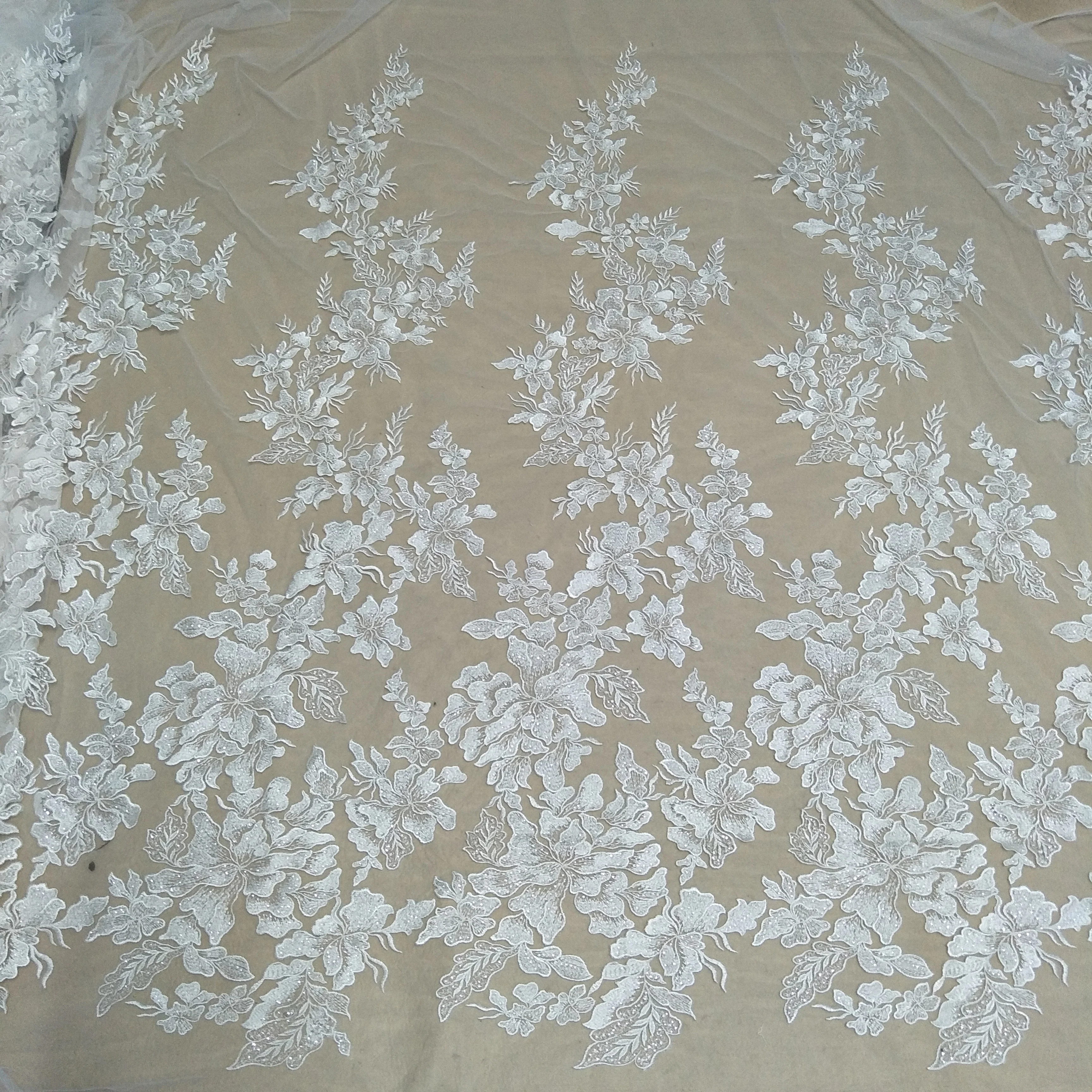 Fashion flower lace fabric with sequins wedding gown dress lace fabric elegant lace fabric sell by yard