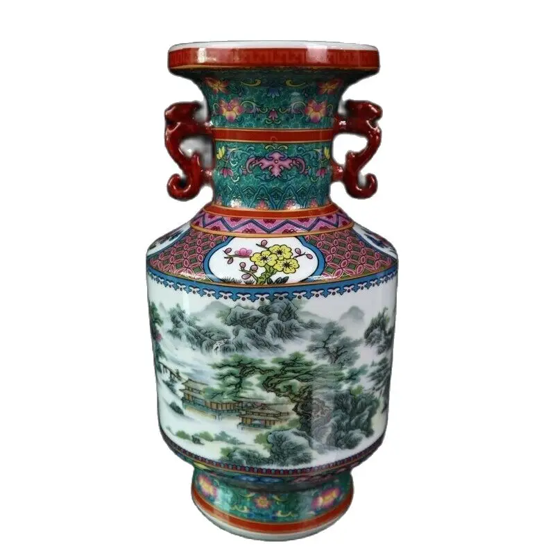 Chinese Enamel Colorful Landscape Pattern Binaural Vase, Old Porcelain