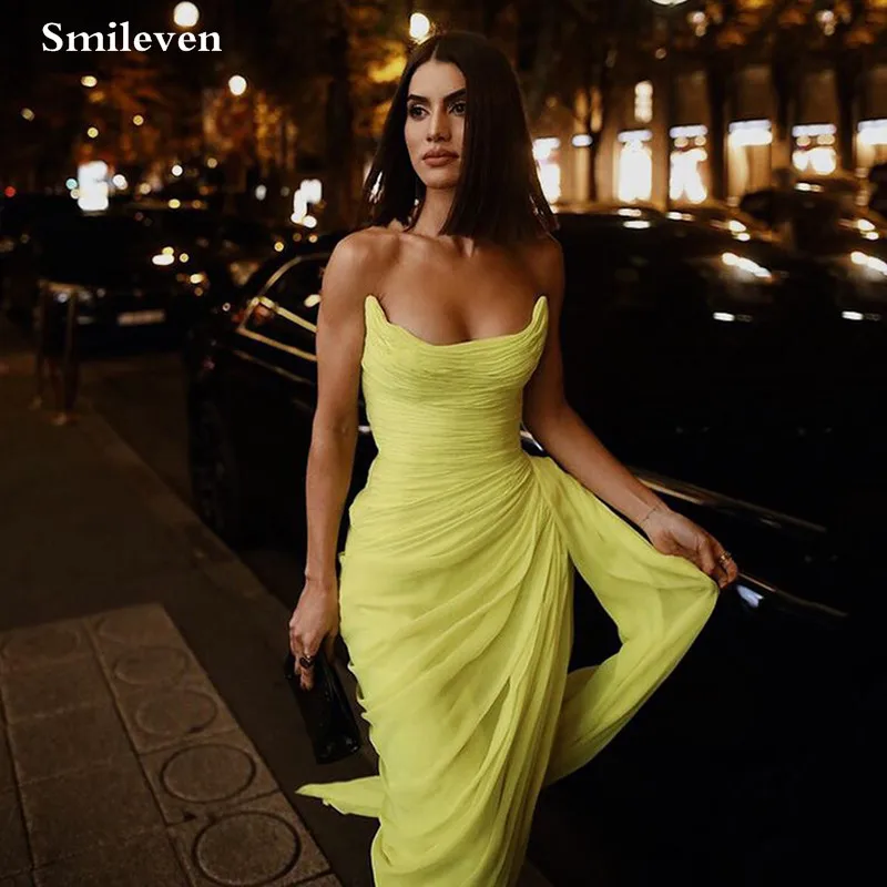 Smileven Giallo Chiffon A Line Abiti da ballo Pieghe senza spalline Spacco laterale Lunghezza caviglia Abiti da cerimonia per feste Sexy Lady Wear