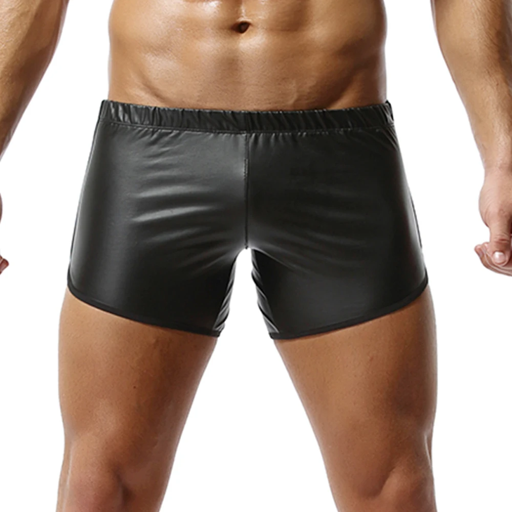 Faux Leather Sport Shiny Shorts Gyms Men Shorts Hot Pants with Back Pocket Fitness Men Clothes