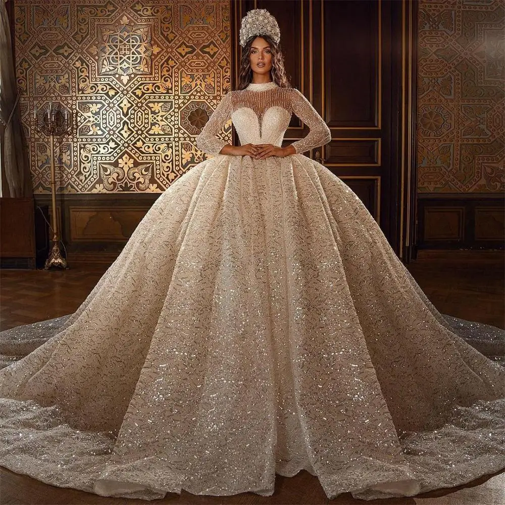 2021 Dubai Luxury Wedding Dresses Plus Size Lace Sequined Cathedral Bridal Gowns Customise Long Sleeve Vintage vestido de novia