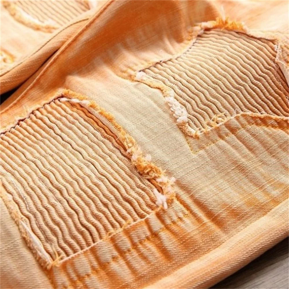 EH·MD® Pleated Hole Patch Jeans Men's Yellow Cotton Soft Small Straight High Street Personalized Slim Pants Motorcycle 2020 New