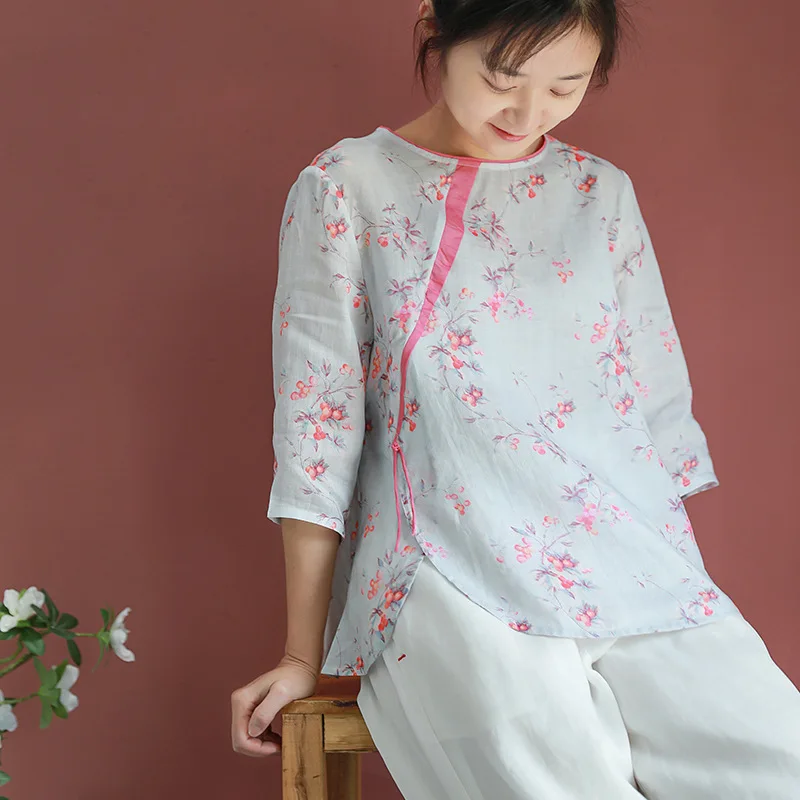 Spring Loose Large Size Literary Shirt Ramie T-shirt Panelled Color O-Neck Skirt Women's Clothing 2021 Tops