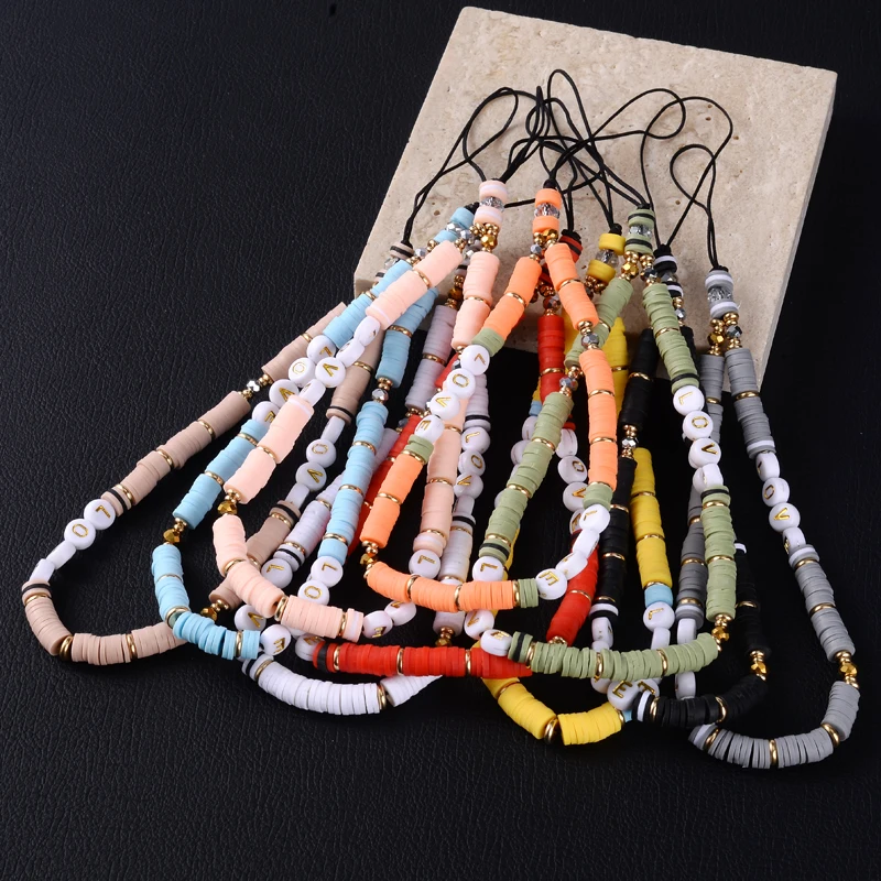 10 Colors Fashion Mobile Strap Phone Charm Clay Loose Bead Phone Chain LOVE Letter For Women Girl Anti-Lost Lanyard Jewelry Gift