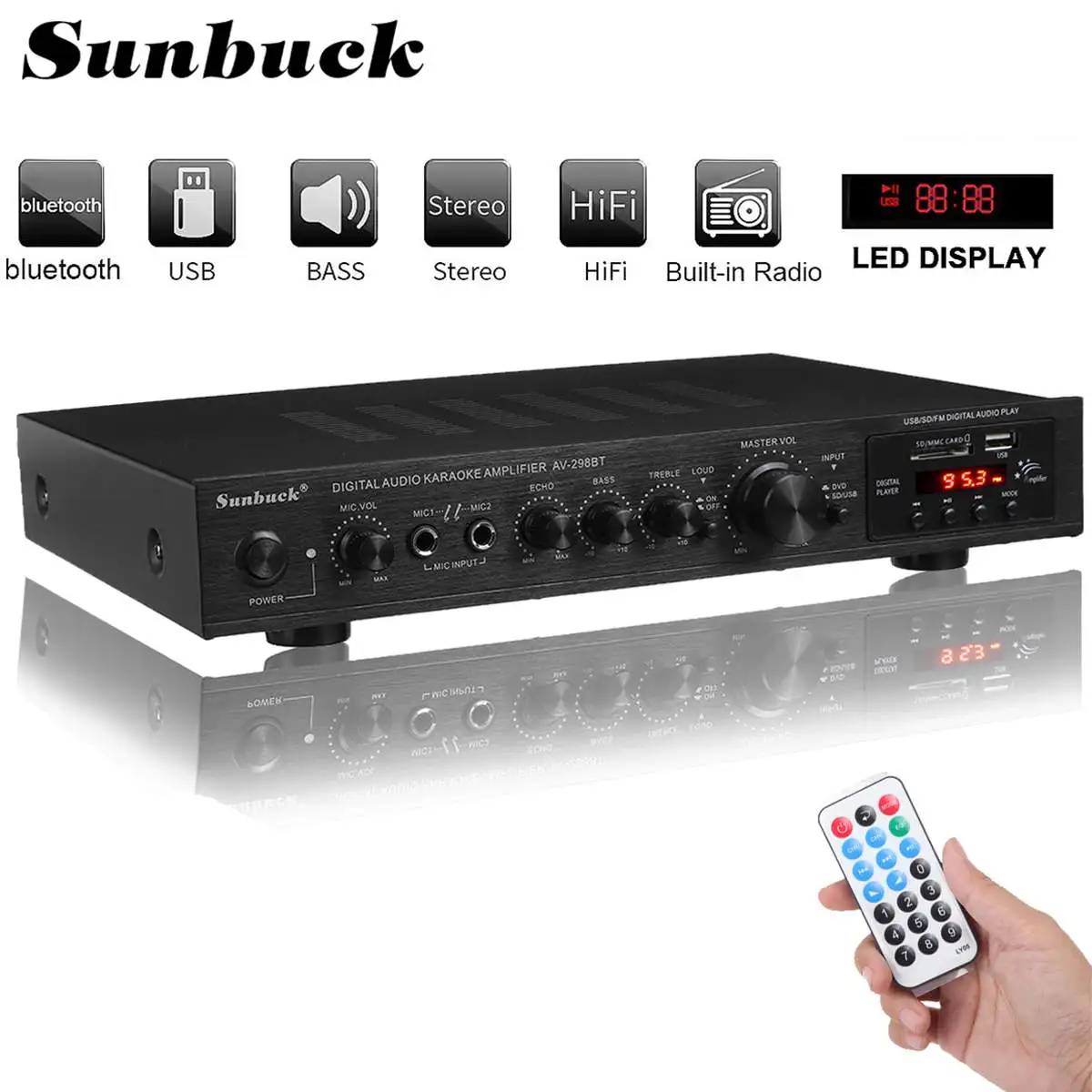 2200W 5 Channel bluetooth Power Amplifier HiFi Stereo Speaker Amp Support FM Radio 2 Mic USB SD Card Input SUNBUCK