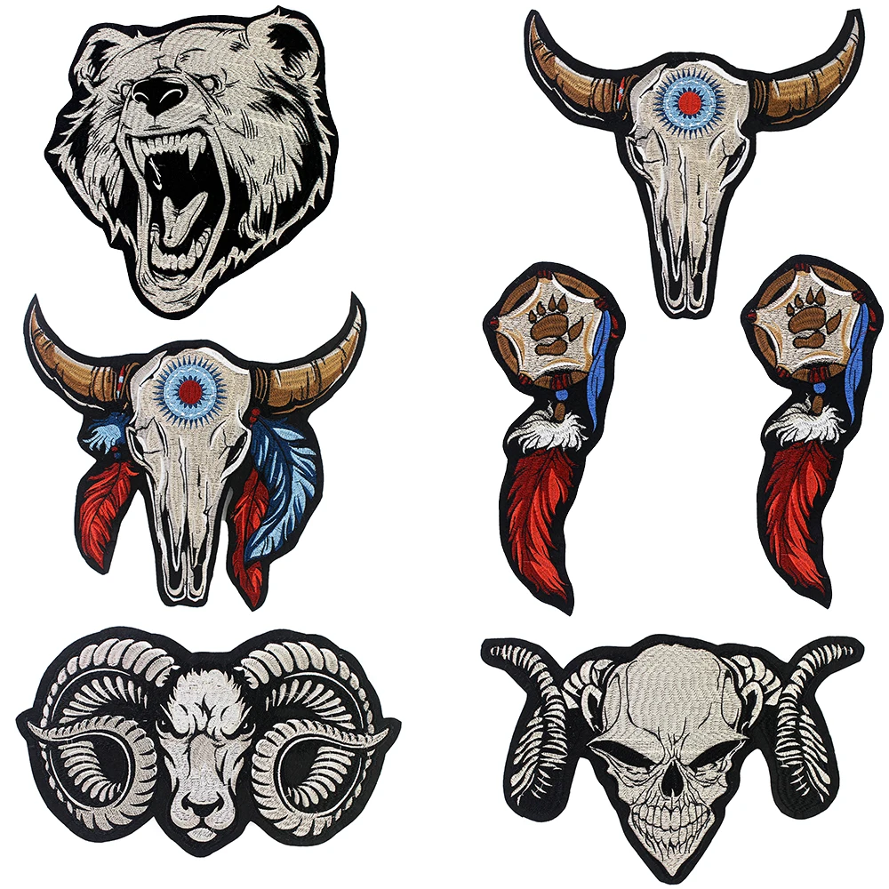 Animal Skull Sheep Horn Feather Bear Patches Embroidered Badge Iron on Stickers for T-shirt Garment Applique 2pc P1961