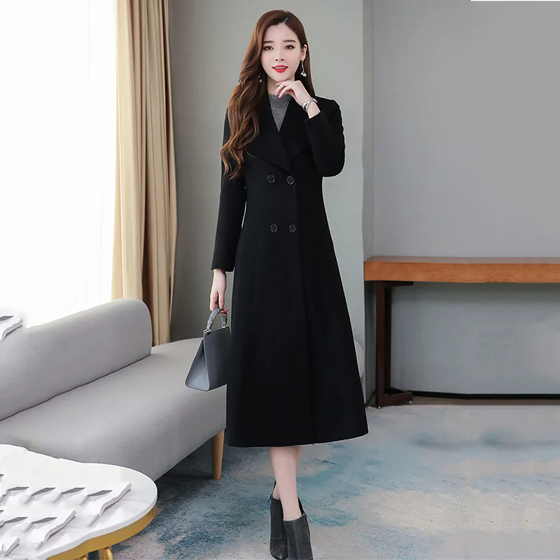 

Women's Woolen Coat Long Imitation Cashmere Woolen Overcoat Lady Autumn Winter Solid Warm Jackets Wool Trench Vintage Outerwear