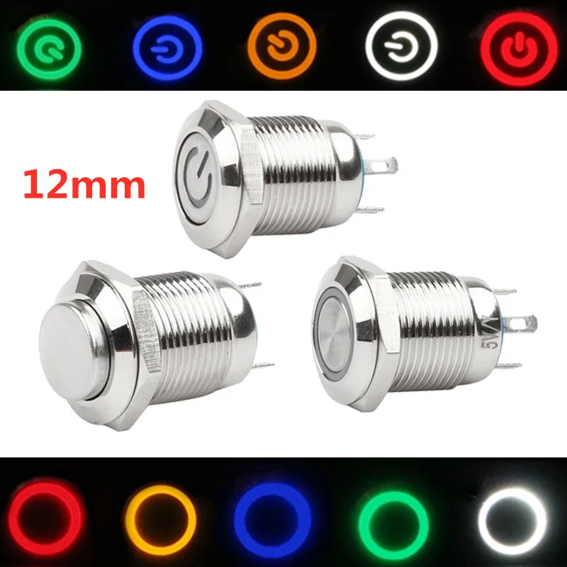 12mm Waterproof Metal Push Button Switch LED Light Black Momentary Latching Car Engine PC Power Switch 5V 12V 24V 220V Red Blue