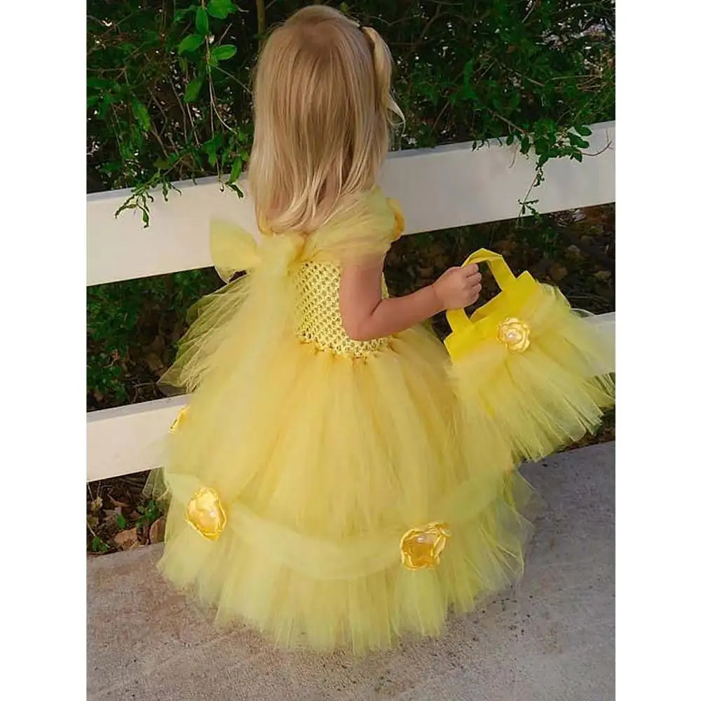 Girls Yellow Bella Princess Tutu Dress Kids Crochet Flower Evening Dress Ball Gown Children Birthday Party Banquet Costume Dress