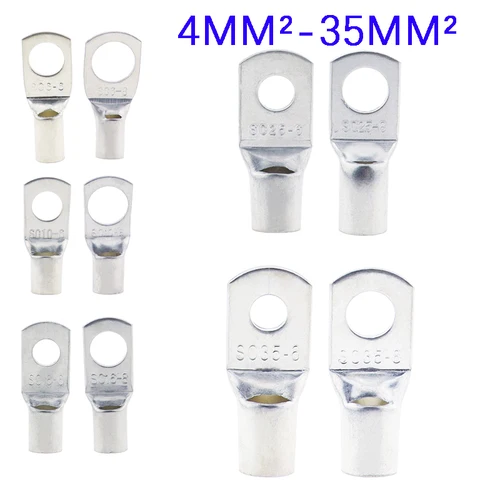 10/25/50/100 Uds. Terminales de Cable de cobre estañado con agujero de perno juego de terminales de batería conector de Cable 4mm2 6mm 10/16/25mm 35/50mm 5mm 6mm 8mm