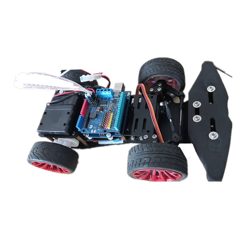 4WD Robot Smart Car Steering Wheel Chassis Car for Arduino Platform Servo Car with Steering Gear Control DIY Kit for Kids Gift